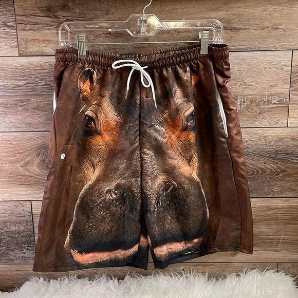 Men’s Novelty Hippo Swim Trunks Shorts, Brown, Size Large - Picture 1 of 5